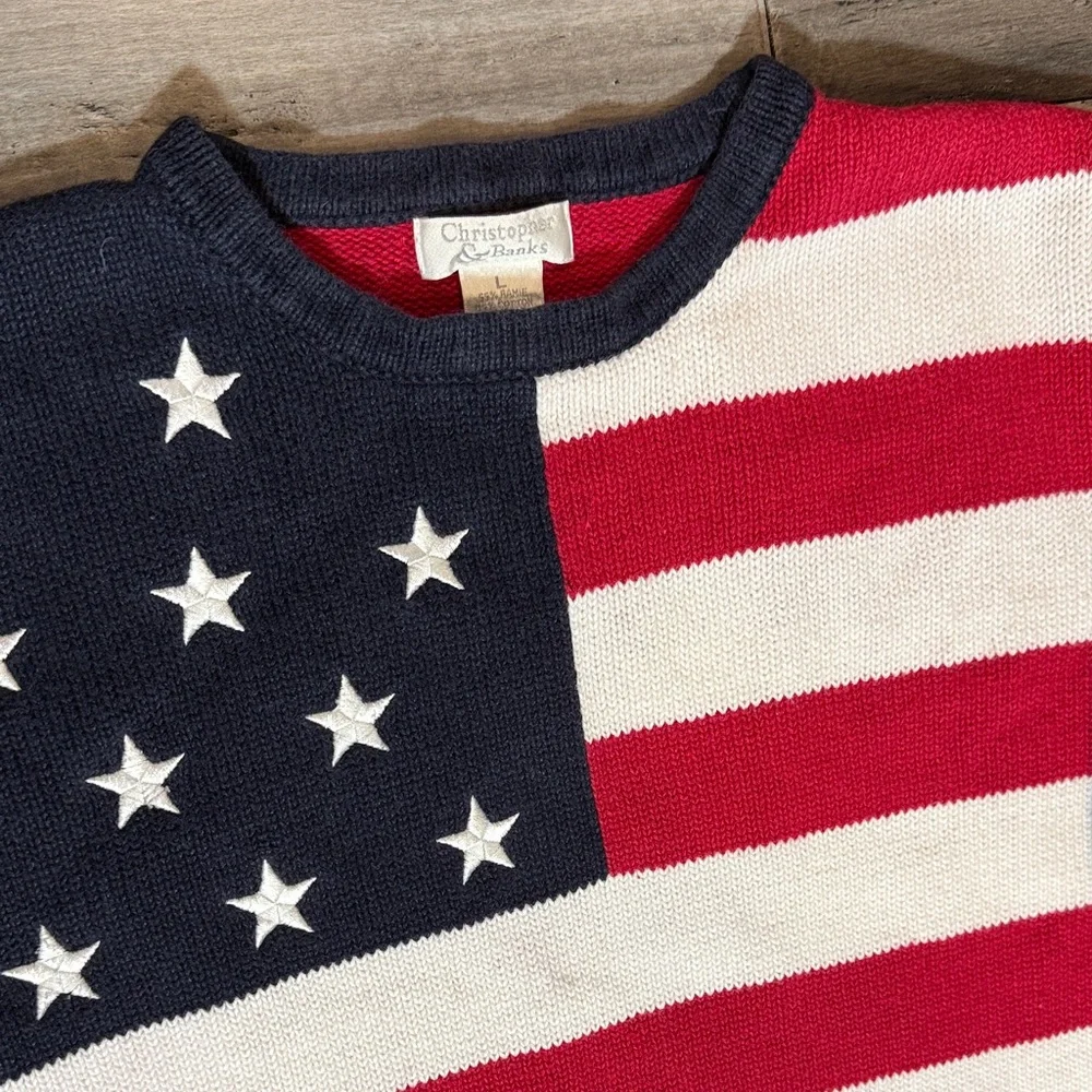 VTG Christopher & Banks woman American Flag Crewneck Sweater -Red, White & Navy - Picture 5 of 12